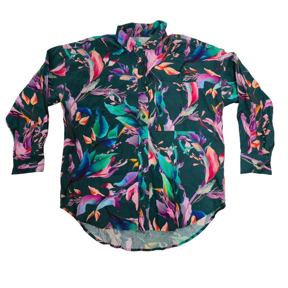 CALIA Womens Linen Blend Tropical Print Button Down Shirt Green Pink Small NEW